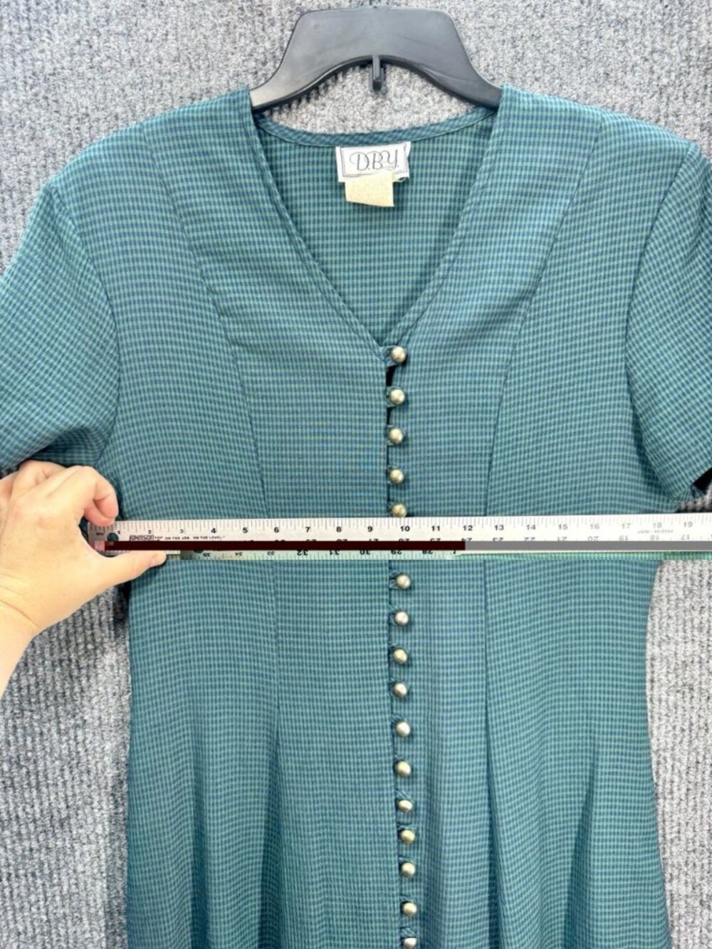 Vintage DBY Dress Womens 11 Green Blue Gingham Midi Sheath Button Front Tie Back - Picture 6 of 9